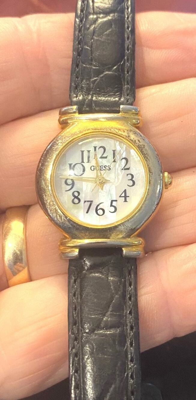 VTG women's 27mm Gold Tone Guess Watch,, MOP Face, Black Leather Band